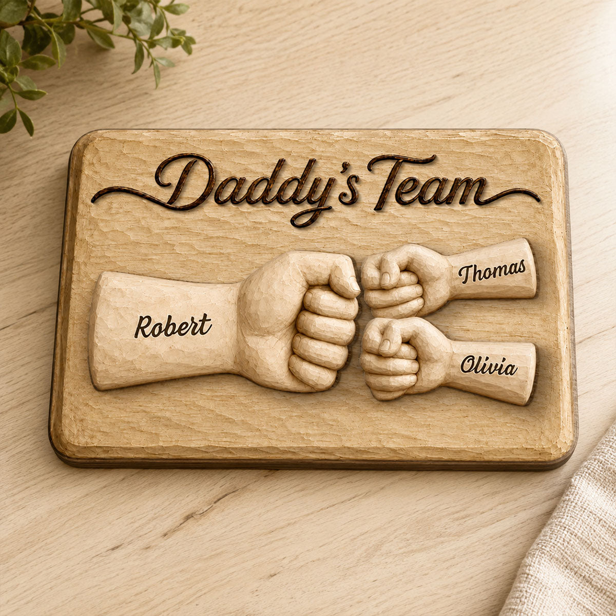 Sentimental Rustic Daddy's Team Fist Bump - Personalized 2-Layered Wooden Plaque - Father's Day Gift For Dad, Husband