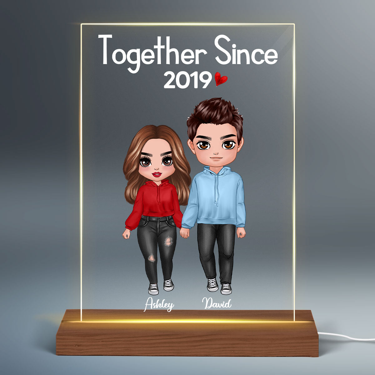 Doll Couple Standing  Anniversary Gift For Him Gift For Her Personalized Rectangle Acrylic Plaque LED Lamp Night Light