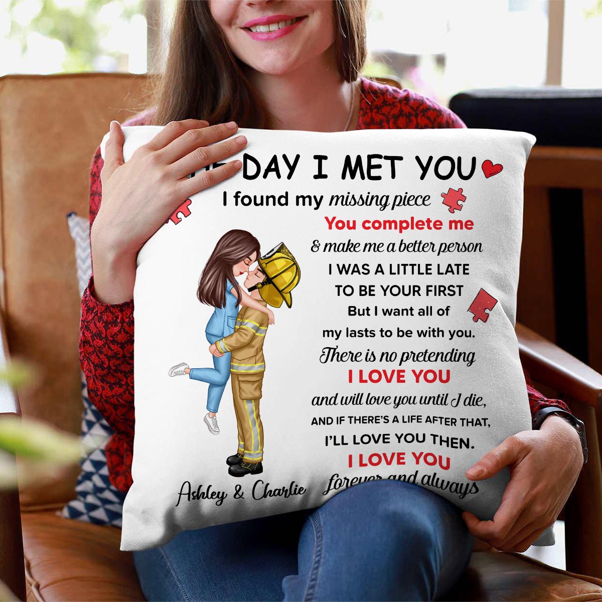 Found My Missing Piece Couple Hugging Kissing Gift by Occupation Gift For Her Gift For Him Firefighter, Nurse, Police Officer Personalized Pillow