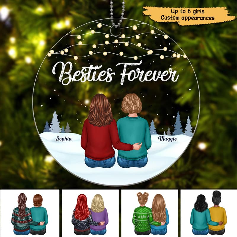 Besties Best Friends Sisters Forever Personalized Christmas Acrylic Ornament