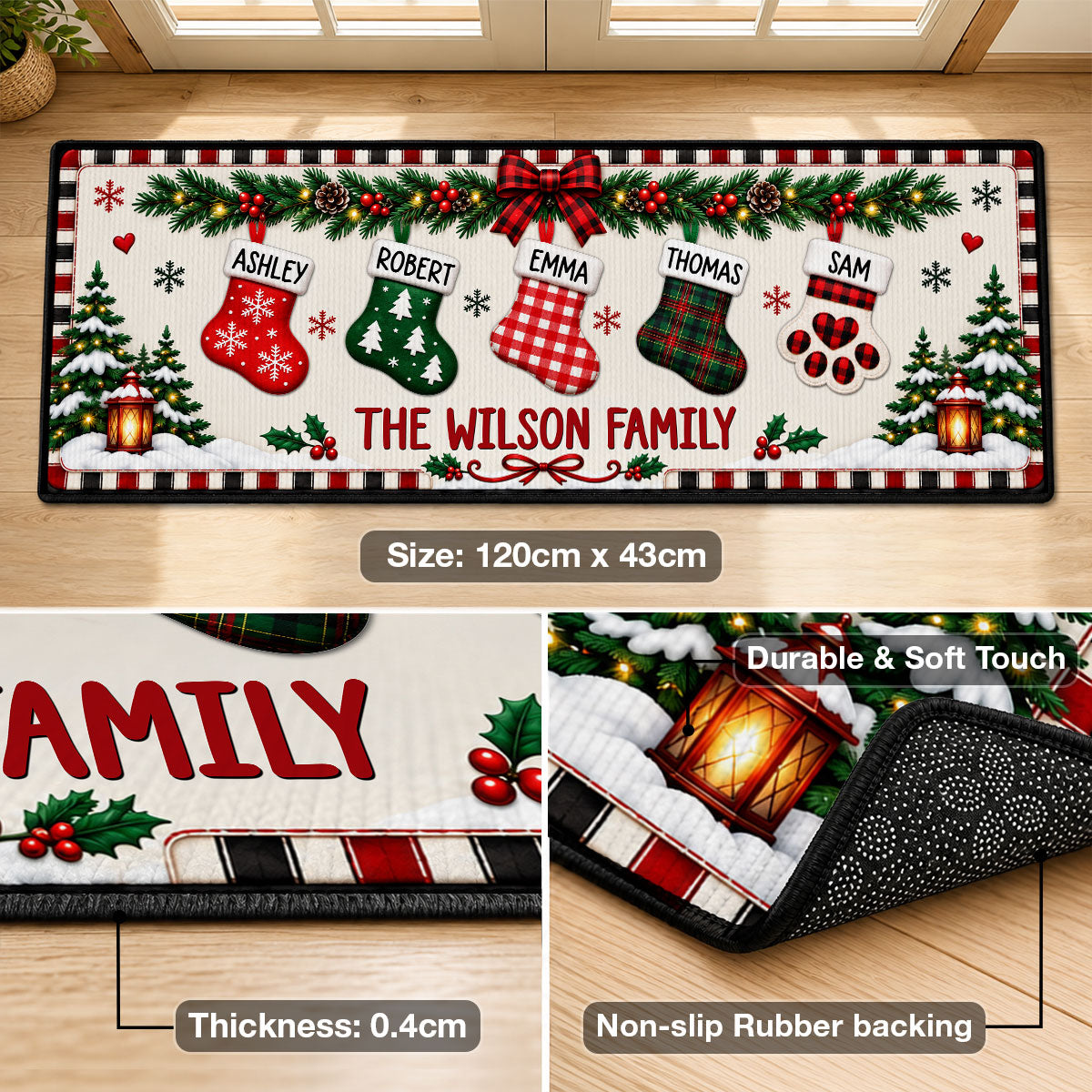 Family Stocking Hanging - Personalized Runner Rug - Christmas Gift for Her, Custom Holiday Hallway Carpet