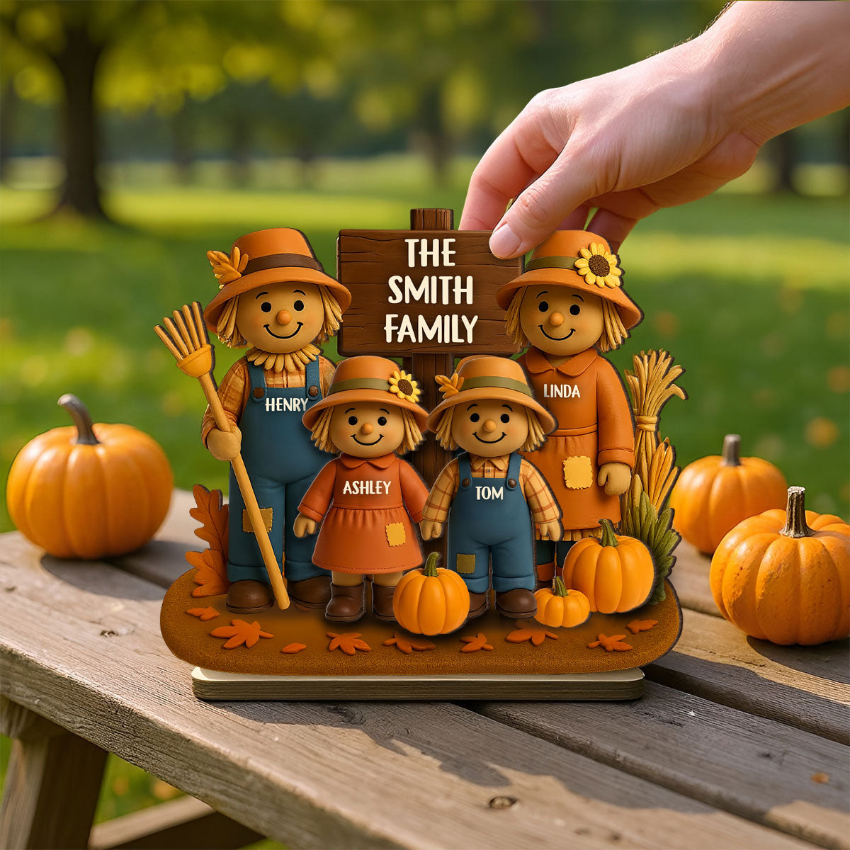 Fall Season Scarecrow Grandparents, Grandkids 3D Effect Personalized 2-Layer Wooden Plaque