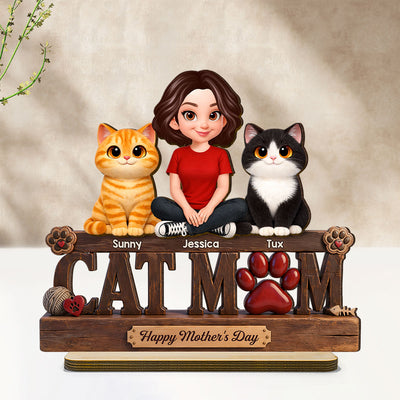 Cat Mom Cute Fluffy Cats Happy Mother's Day - Personalized 2-Layered Wooden Plaque - Mother's Day Gift For Cat Mom