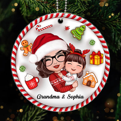 3D Christmas Things Pattern Doll Grandma Mom Hugging Kid Gift For Granddaughter Grandson Personalized Acrylic Ornament
