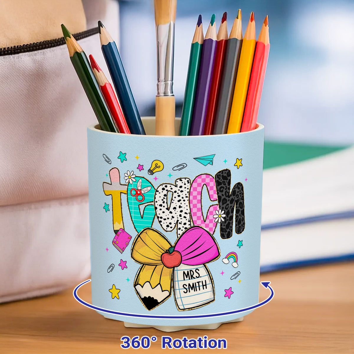 Preppy Teacher Pencil Coquette Bow Doodle Personalized Rotating Pen Holder, Custom Teacher Name, Back to School Gift