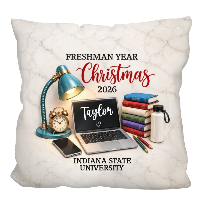 Freshman Year Christmas Study Desk – Personalized Pillow – College Student Christmas Gift, First Year Keepsake