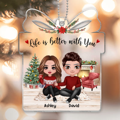 Doll Couple In House Gift Shape Christmas Personalized Acrylic Ornament