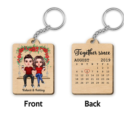 Doll Couple Sitting On Swing Calendar Personalized Wooden Keychain