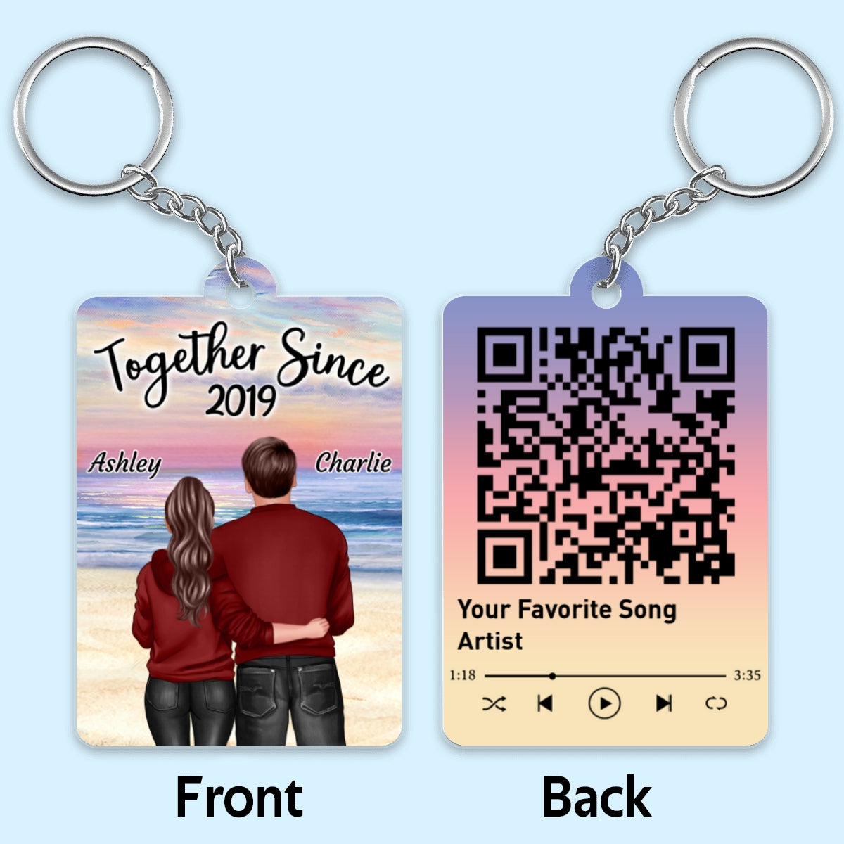 Back View Hugging Couple Standing At Beach Favorite Song QR Code Personalized Acrylic Keychain