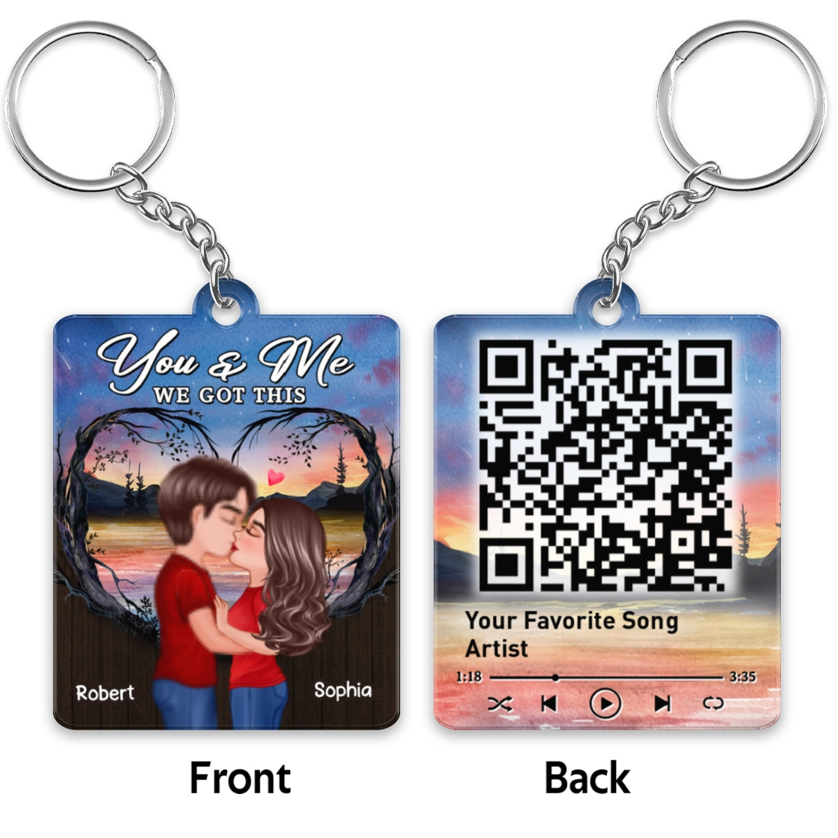 Doll Couple Kissing Sunset Tree Arch Favorite Song QR Code Personalized Acrylic Keychain
