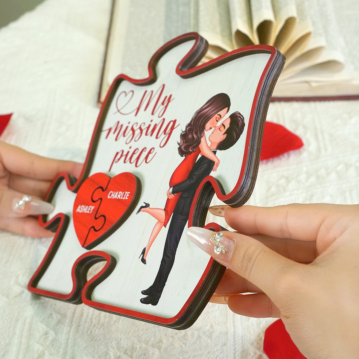 My Missing Piece Couple Hugging Kissing Red Puzzle Shaped Personalized 2-Layer Wooden Plaque, Anniversary Gift,  Gift