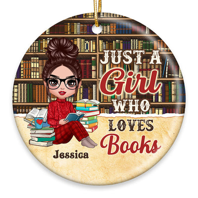 Girl Reading Books Bookshelf Background Personalized Circle Ornament