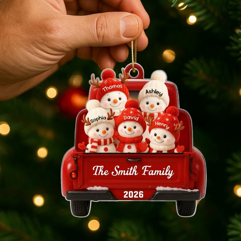 Family Snowman on Christmas Truck Personalized Acrylic Ornament, Red Truck Christmas Gift for Family