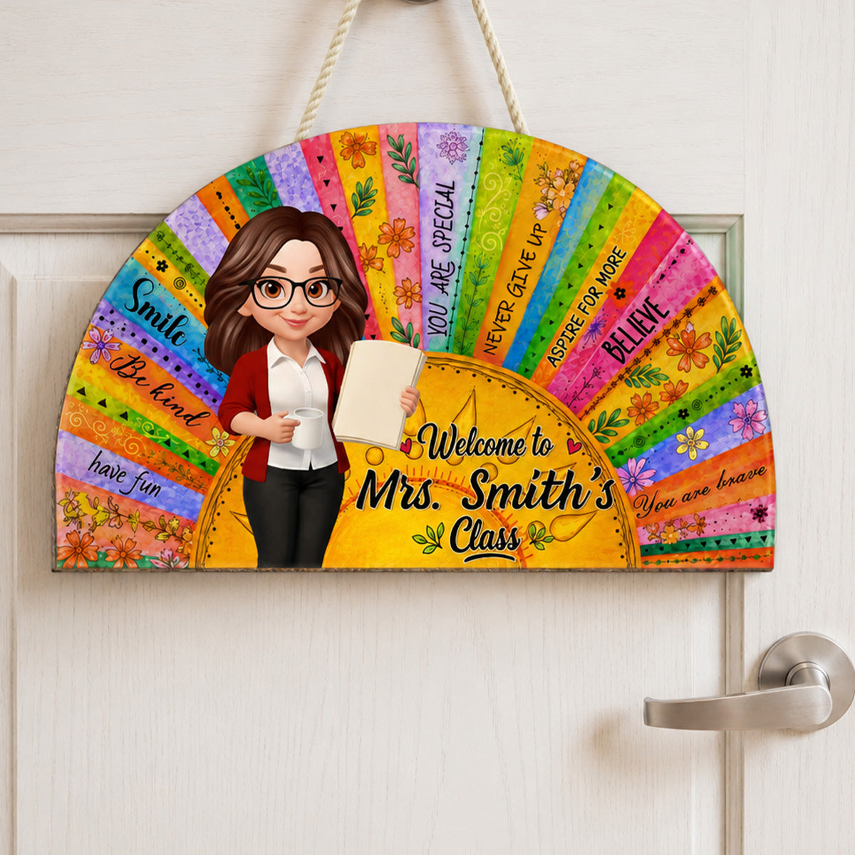 Welcome To Teacher Classroom Boho Sun Colorful Message - Personalized Door Hanger Sign - Back To School Gift For Teacher