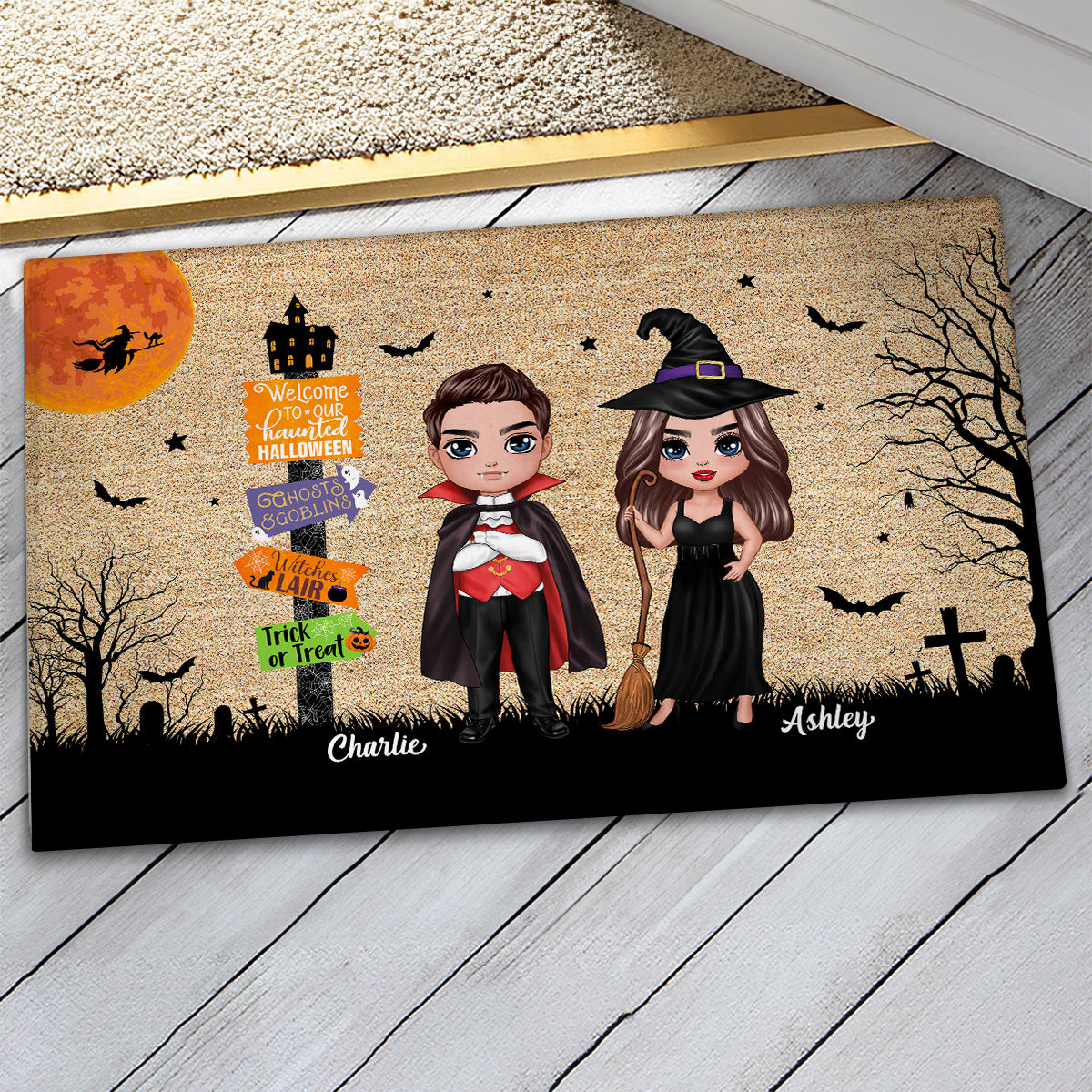 Welcome To Our Haunted House Couple Halloween Personalized Doormat