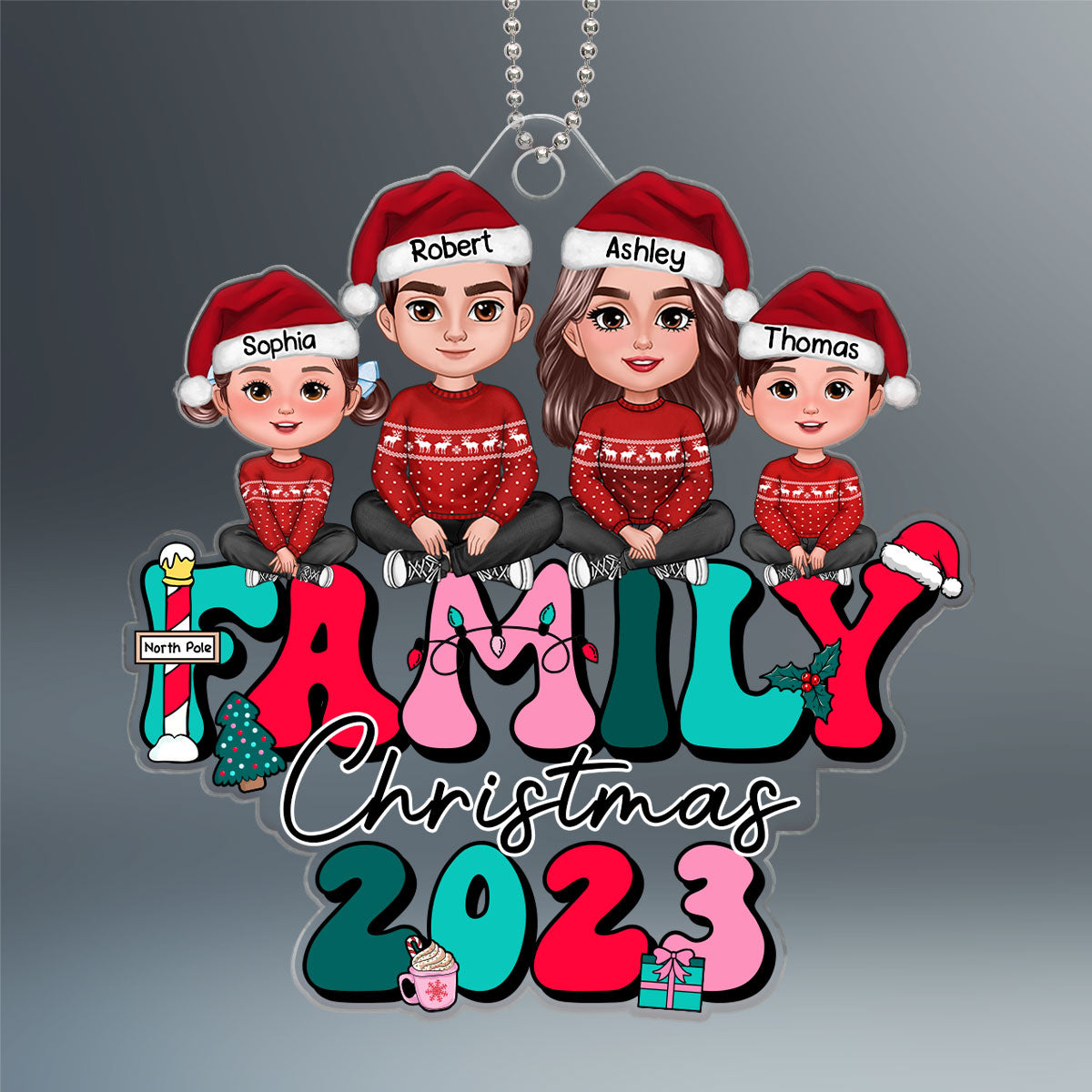 Retro Christmas Family Sitting Crossed Legs Personalized Acrylic Ornament