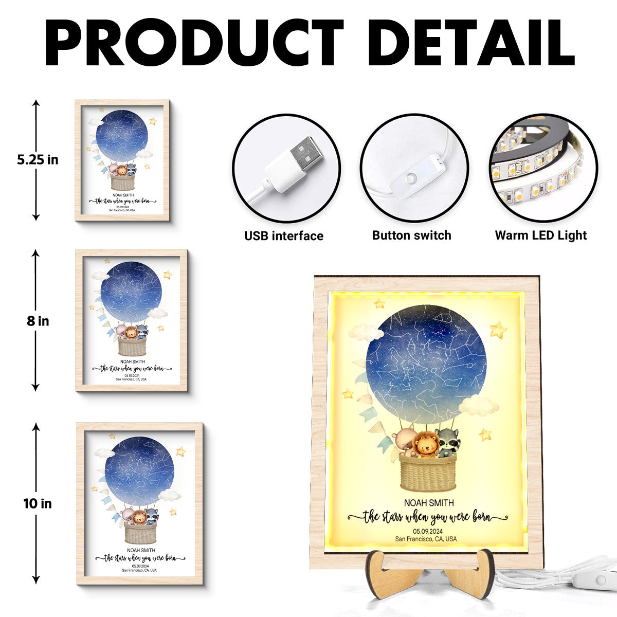 Star Map New Baby Custom 2-Layered Wooden Plaque With LED, Birthday Stars Childs Sky LED, Newborn Parents Gift, Boy Girl Christening Art, Night You Were Born