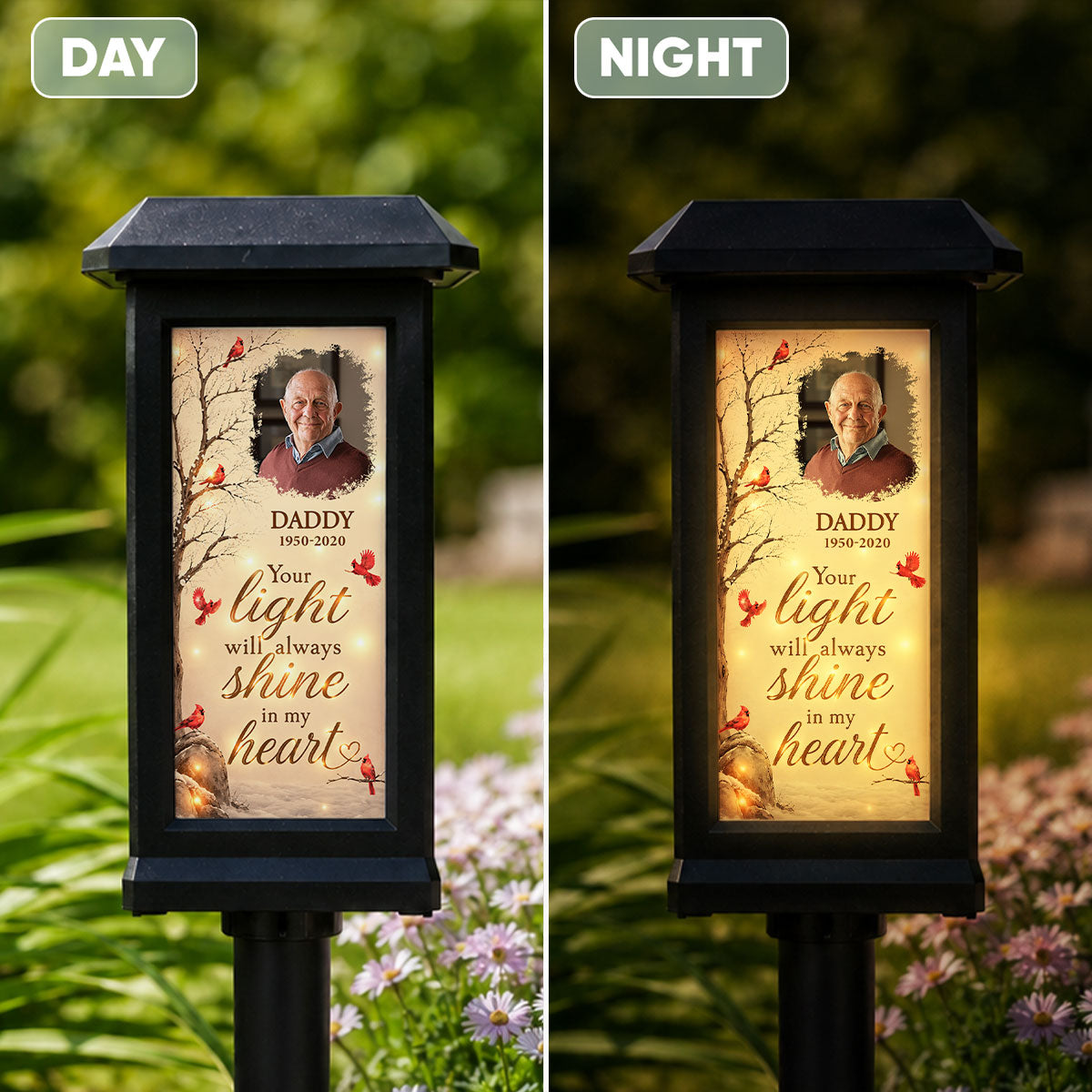 Your Light Will Always Shine in My Heart Cardinal Memorial - Personalized Solar Garden Light - Heartfelt Sympathy Gift for Loved Ones