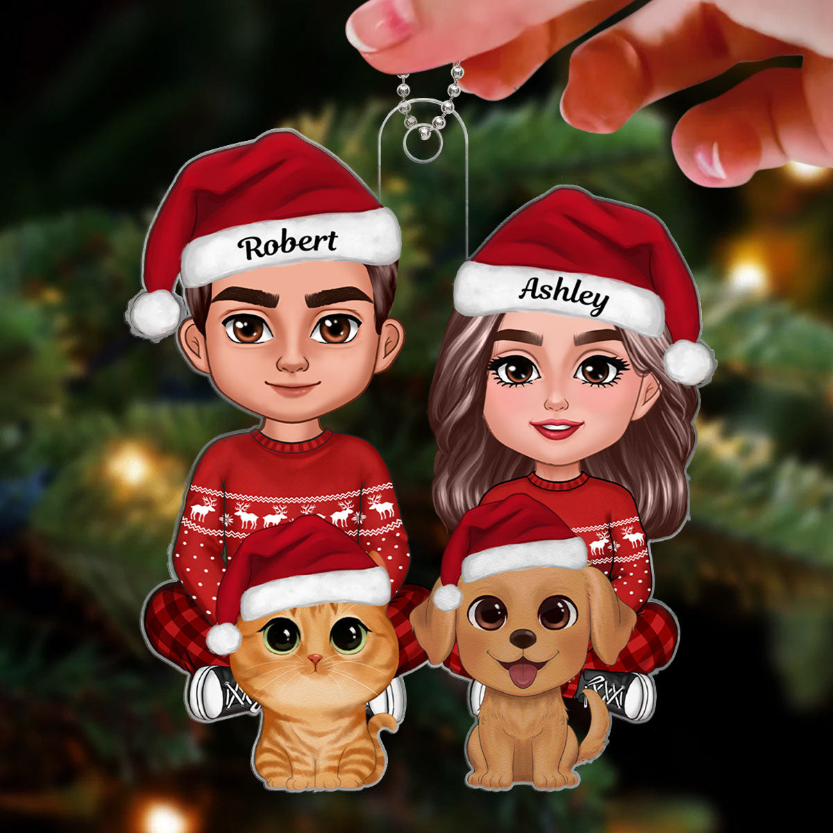 Couple Sitting Crossed Legs And Watercolor Cute Dogs Cats You Me And The Dogs Cats Christmas Gift Personalized Acrylic Ornament