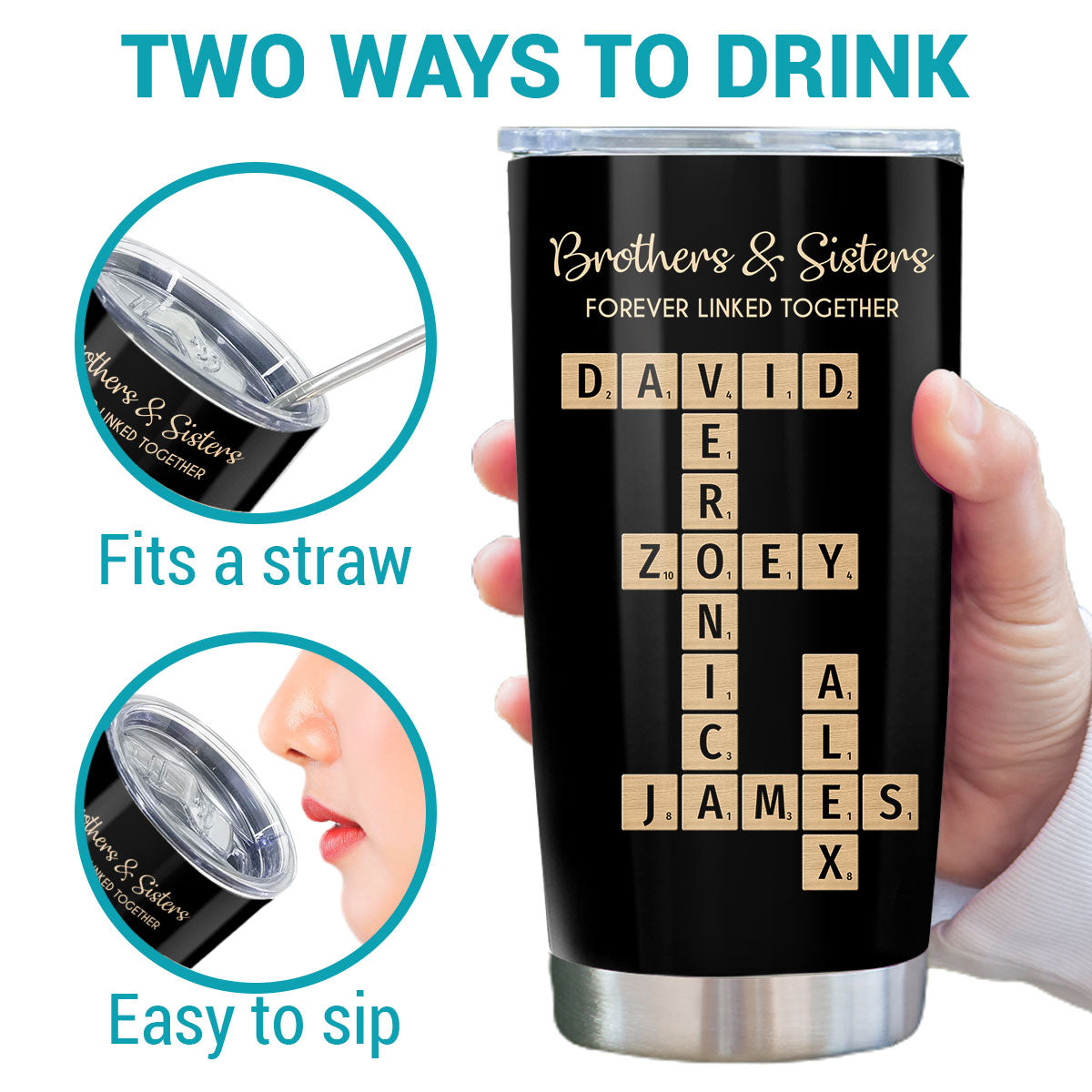 Brothers & Sisters Forever Linked Together Crossword Puzzle Art Personalized Tumbler, Gift For Brothers, Sisters, Siblings, Family