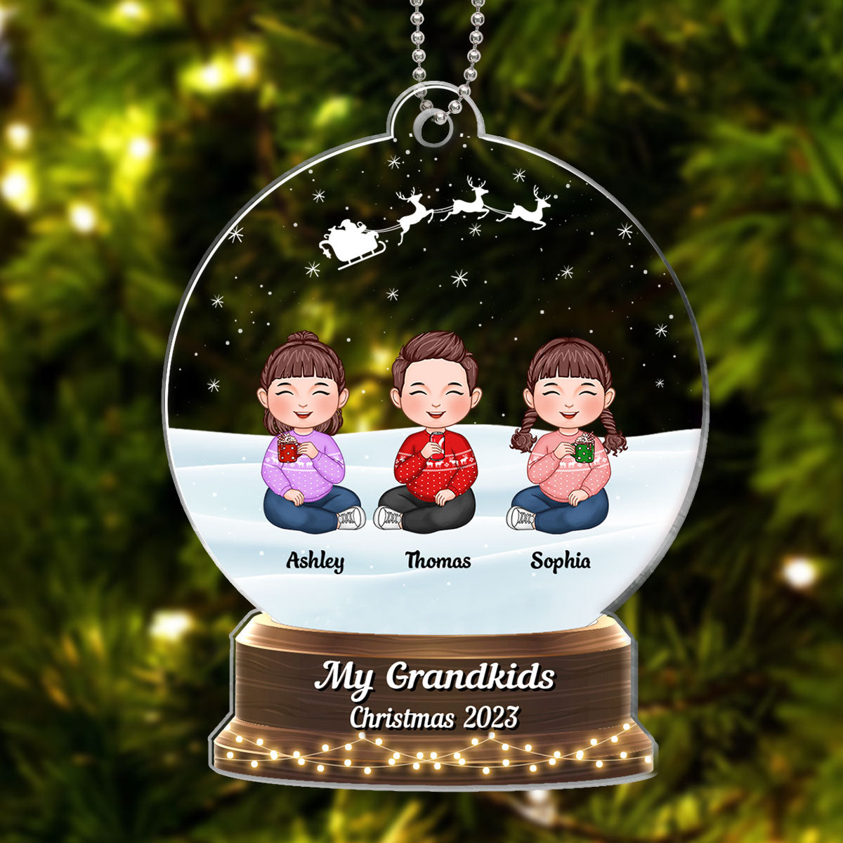 My Grandkids Cute Doll Kids Sitting Personalized Snow Globe Shaped Acrylic Ornament