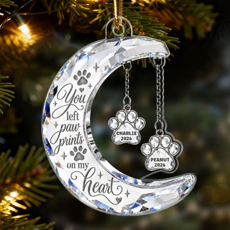 Pet Memorial Crystal Moon & Hanging Paw 2D Flat - Personalized Acrylic Ornament - Custom Pet Name & Year Remembrance Keepsake, Sympathy Gift for Dog & Cat Lovers