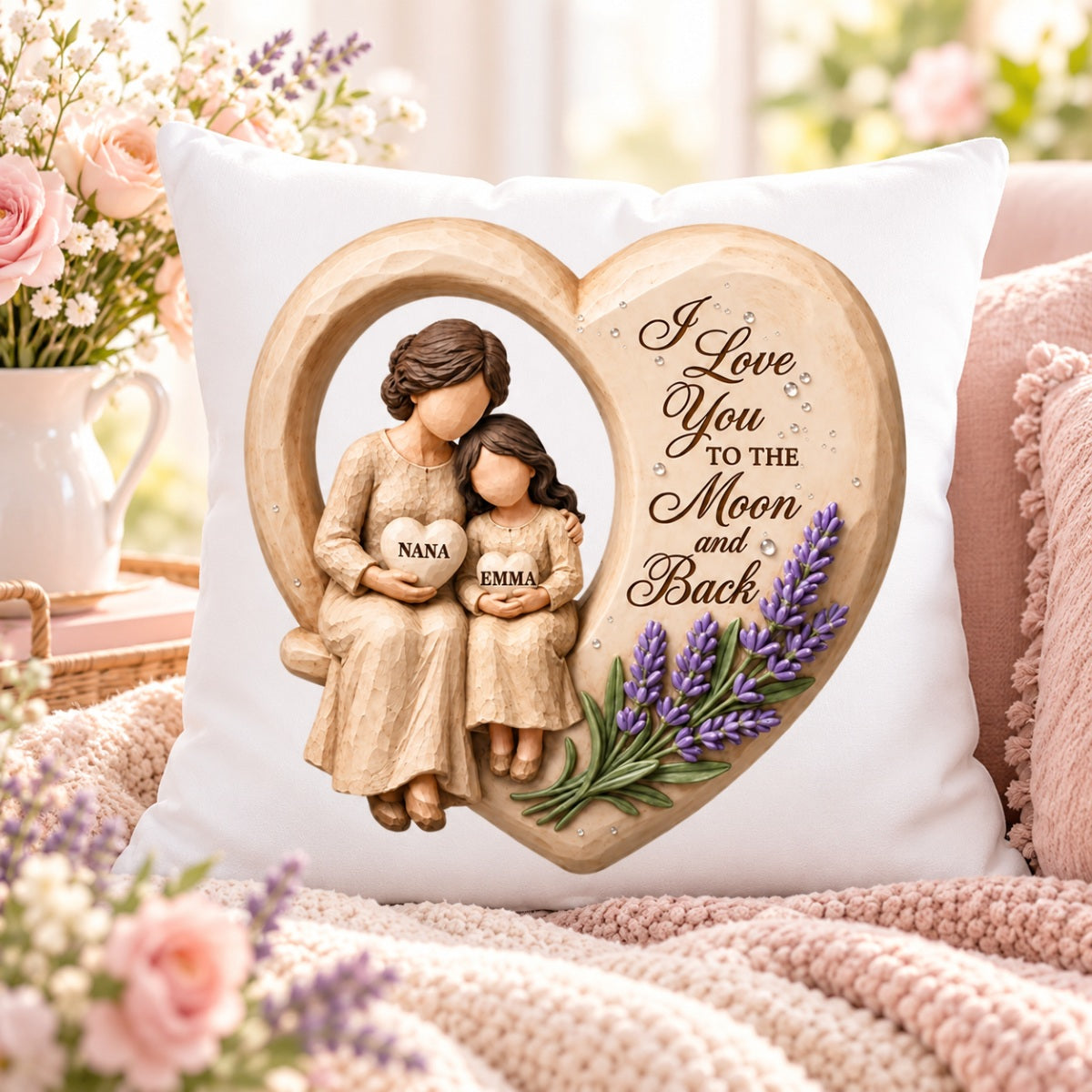 Grandma Loves to the Moon and Back - Personalized Pillow - Christmas Gift for Granddaughter Grandson