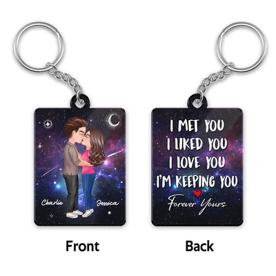Doll Couple Kissing In Galaxy Night I Met You Personalized Acrylic Keychain