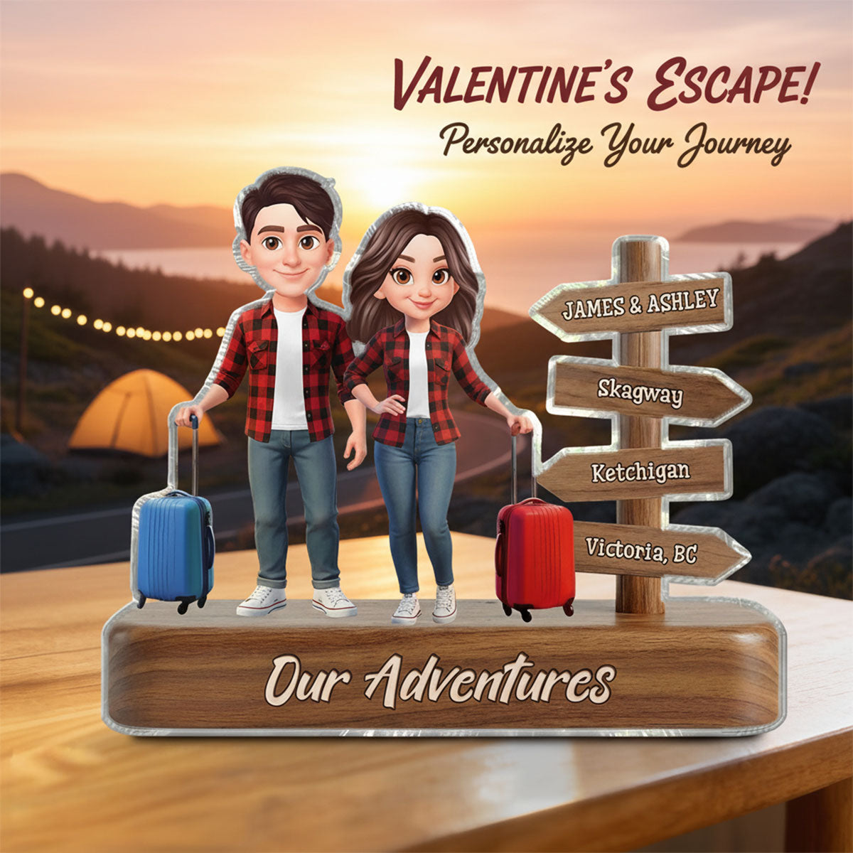 Couple Travel Adventure Traveling Destination 2D Flat - Personalized Acrylic Block Plaque - Gift for Travelers