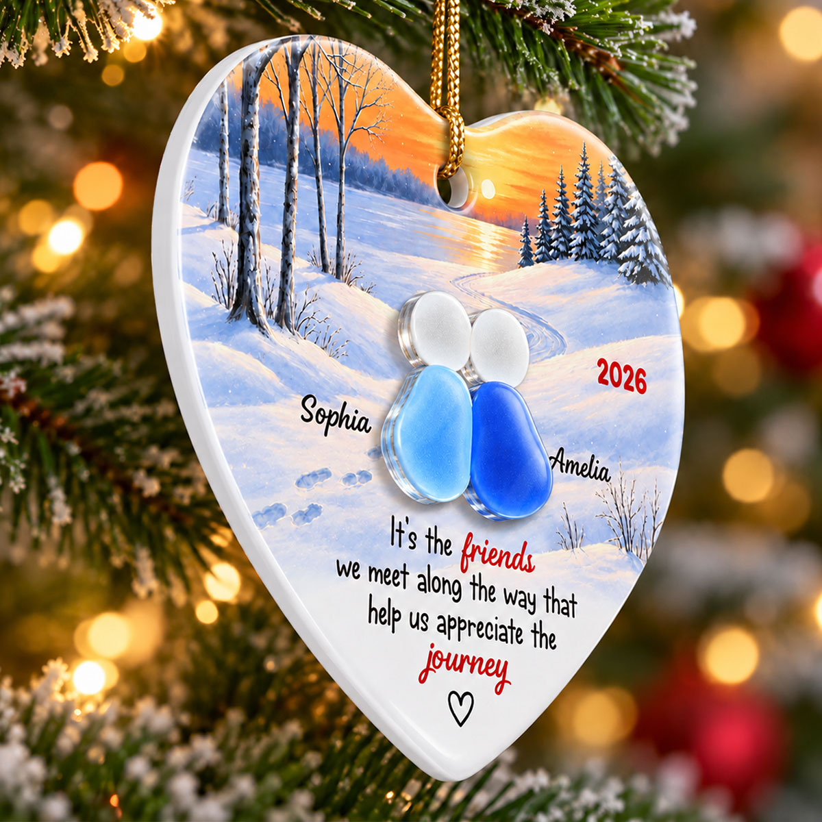 Friends Along The Way Winter Sunset Heart - Personalized Ceramic Ornament With Acrylic Pieces - Christmas Gift For Best Friend, Bestie, Soul Sister, Friendship Keepsake