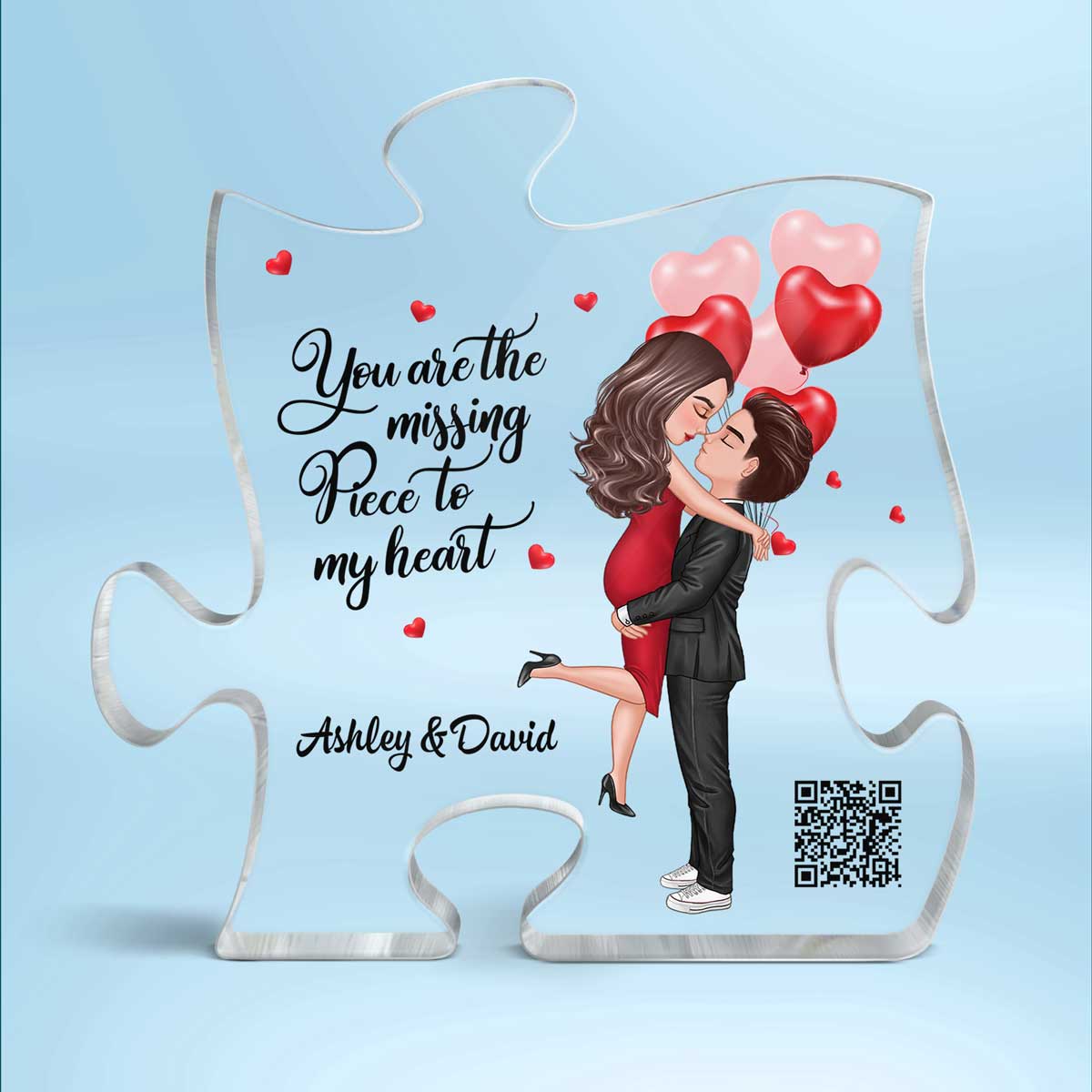 The Missing Piece To My Heart Doll Couple Hugging Kissing Scannable QR Code Favorite Song Personalized Puzzle Acrylic Plaque