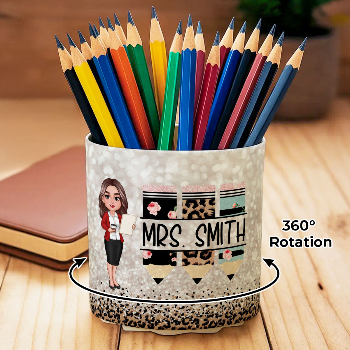 Teacher Leopard Rainbow Personalized Rotating Pen Holder, Teacher Appreciation Gift, Back To School Gift