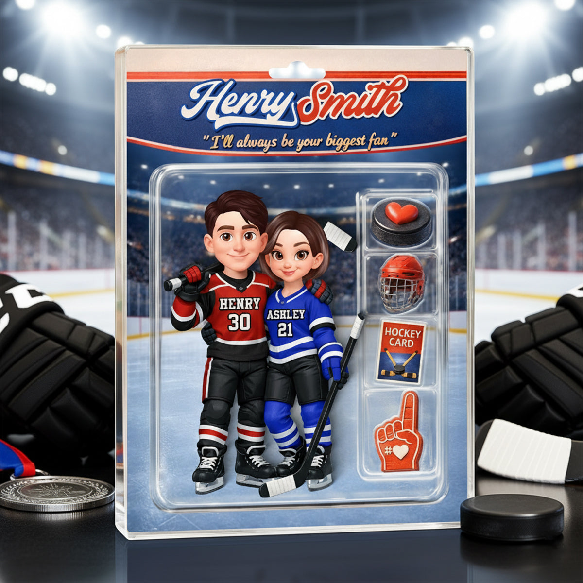 Hockey Couple I'll Always Be Your Biggest Fan Custom Action Figure - Personalized Acrylic Block Plaque - Sentimental Gift for Him