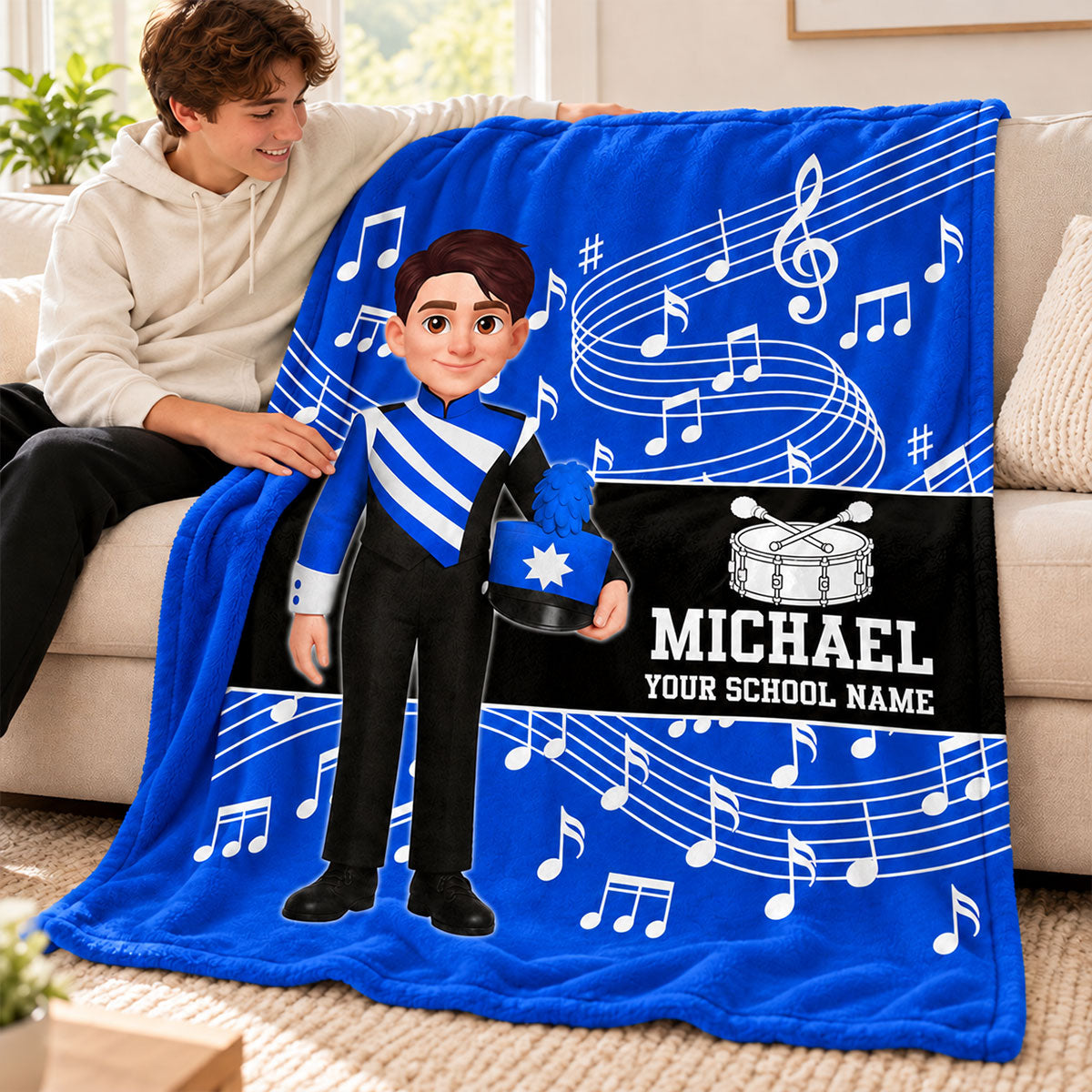 Custom Music Marching Band, Orchestra, Personalized Name, Color, School, Instrument, Trumpet, Clarinet, Tuba, Violine - Personalized Fleece Blanket - Christmas Gift For Son, Grandson, Daughter, Granddaughter