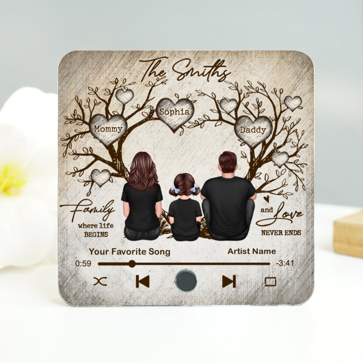 Family Heart Tree Sitting Personalized Music Fridge Magnet, Home Decoration, Anniversary Gift For Family, Gift For Husband, Wife
