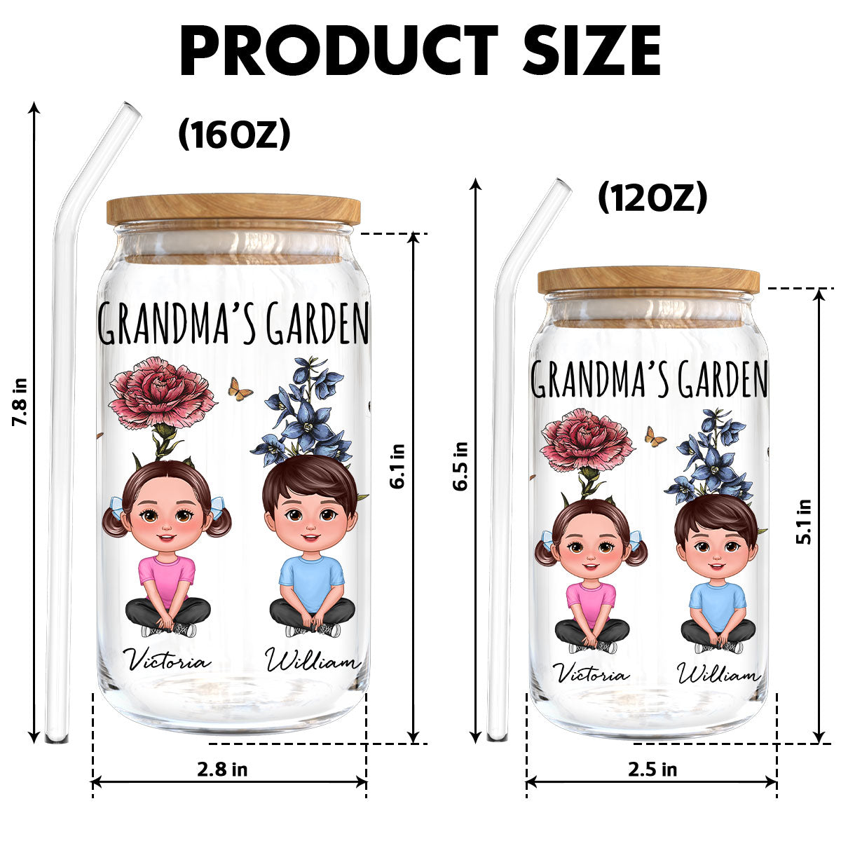 Gift For Grandma Grandma‘s Garden Cute Kids With Beautiful Vintage Birth Flower Behind Personalized Clear Glass Can