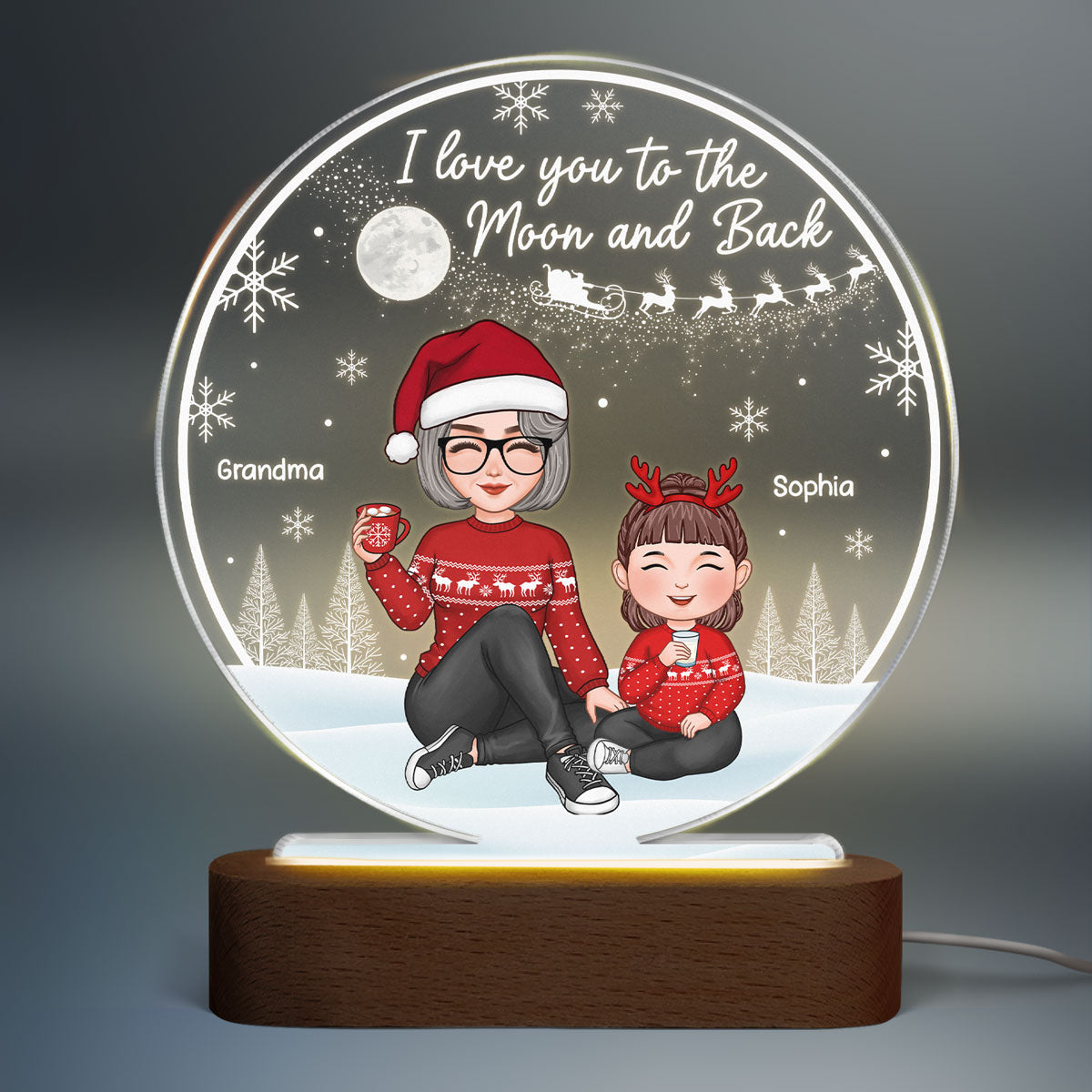 Cute Grandma & Grandkid Sitting On Snow Love You To The Moon And Back Gift For Granddaughter Grandson Christmas Personalized Acrylic Plaque Circle LED Night Light