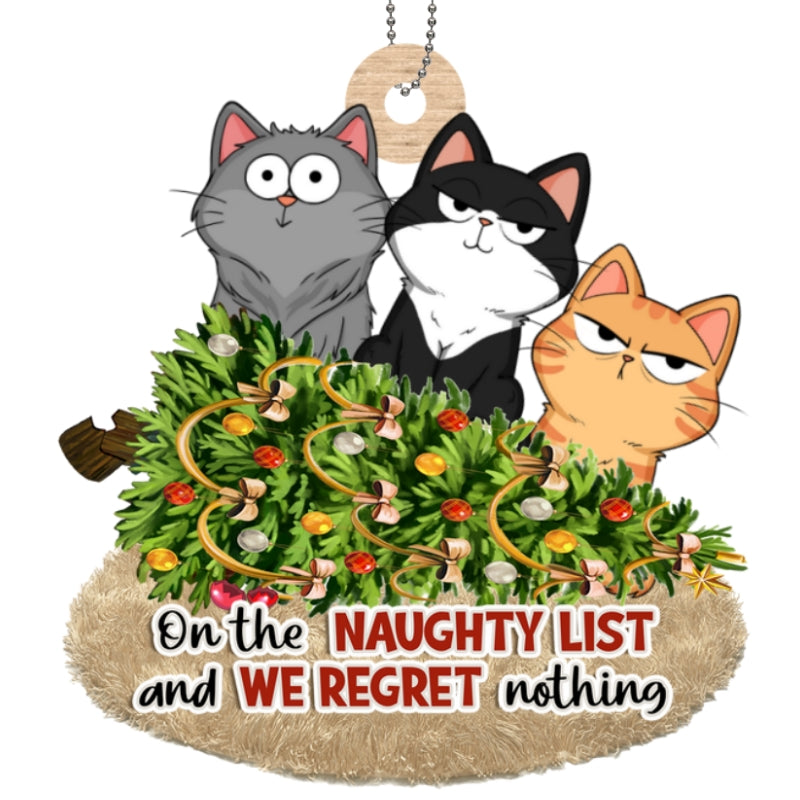 Christmas Fluffy Cat Funny Expressions On The Naughty List Regret Nothing Personalized Wooden Ornament