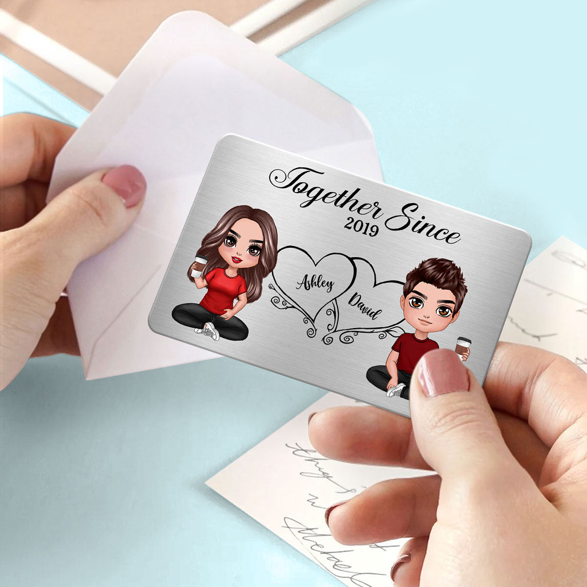 Hearts Doll Couple Sitting Gift For Him Gift For Her Personalized Metal Wallet Card