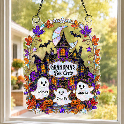 Whimsical Grandma's Boo Crew Haunted House - Personalized Acrylic Window Hanging - Halloween Decoration For Grandma