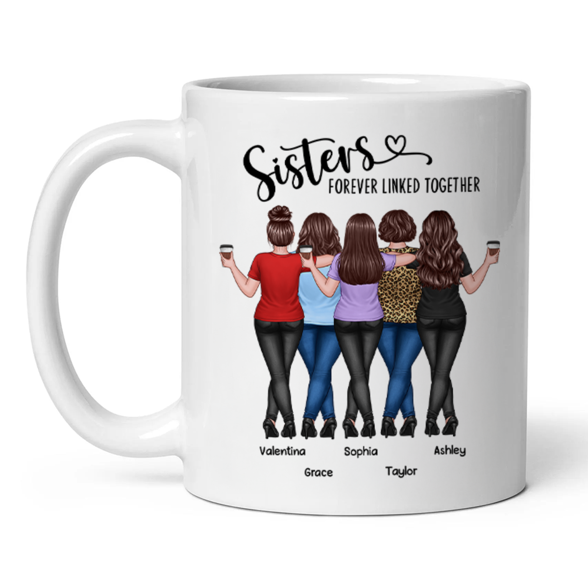 Back View Sisters Walking Forever Linked Together Personalized Mug, Gift For Sisters, Siblings
