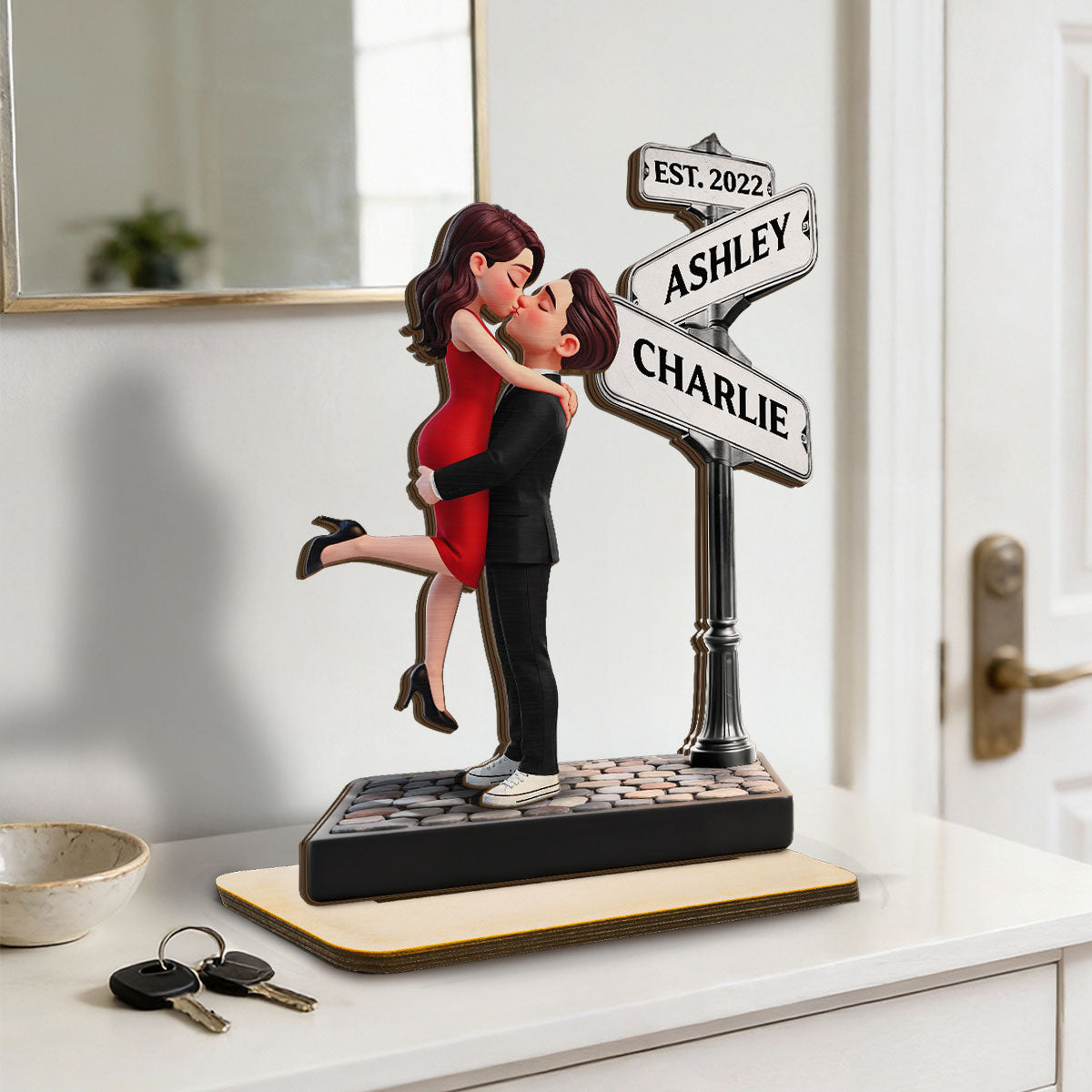 Eternal Love Romantic Couple Hugging Kissing Street Sign - Personalized 2-Layered Wooden Plaque - Heartfelt Valentine's Day Gift For Couple