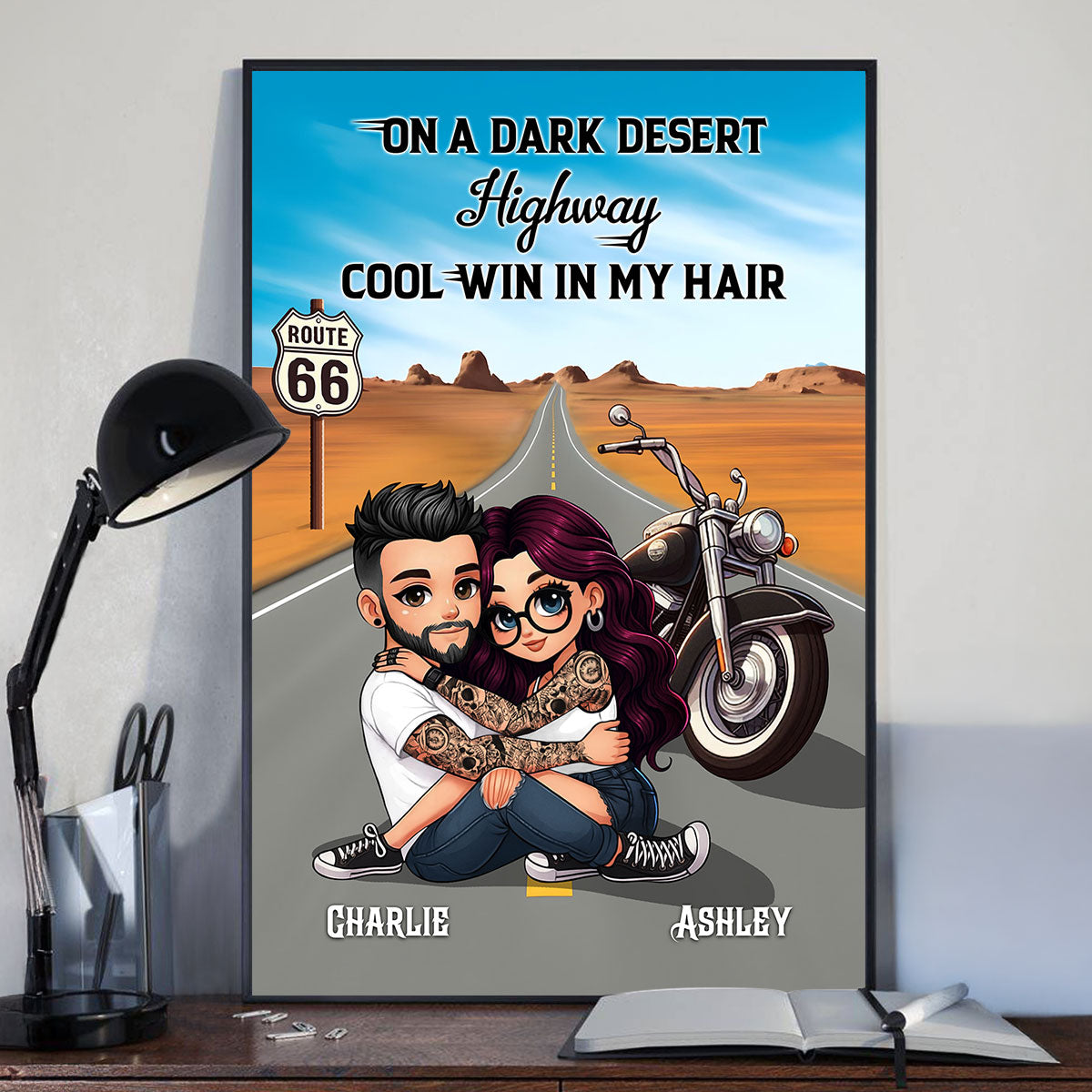 On A Dark Desert Highway Cool Wind In My Hair Motorcycle Riding Personalized Poster for Biker Couples