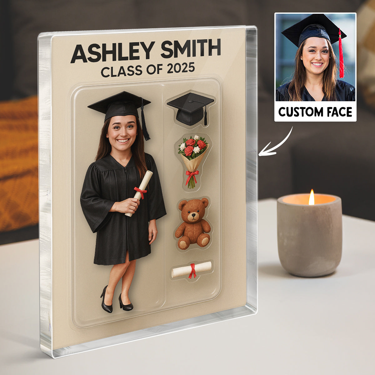 3D Effect Graduate Custom Figure Personalized Flat Rectangle Acrylic Block Plaque, Unique Keepsake, Graduation Gift [FEMALE version ONLY]