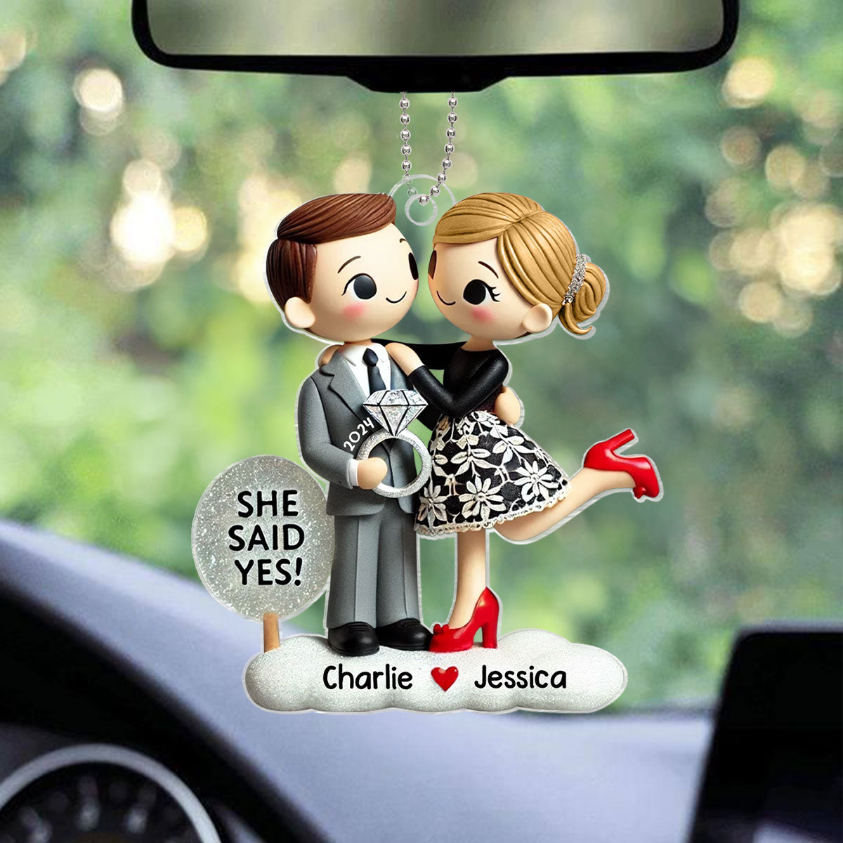 Couple Engagement Ornament She Said Yes, Personalized 2D Flat Acrylic Car Hanger Ornament,  Gift for him, Gift for her