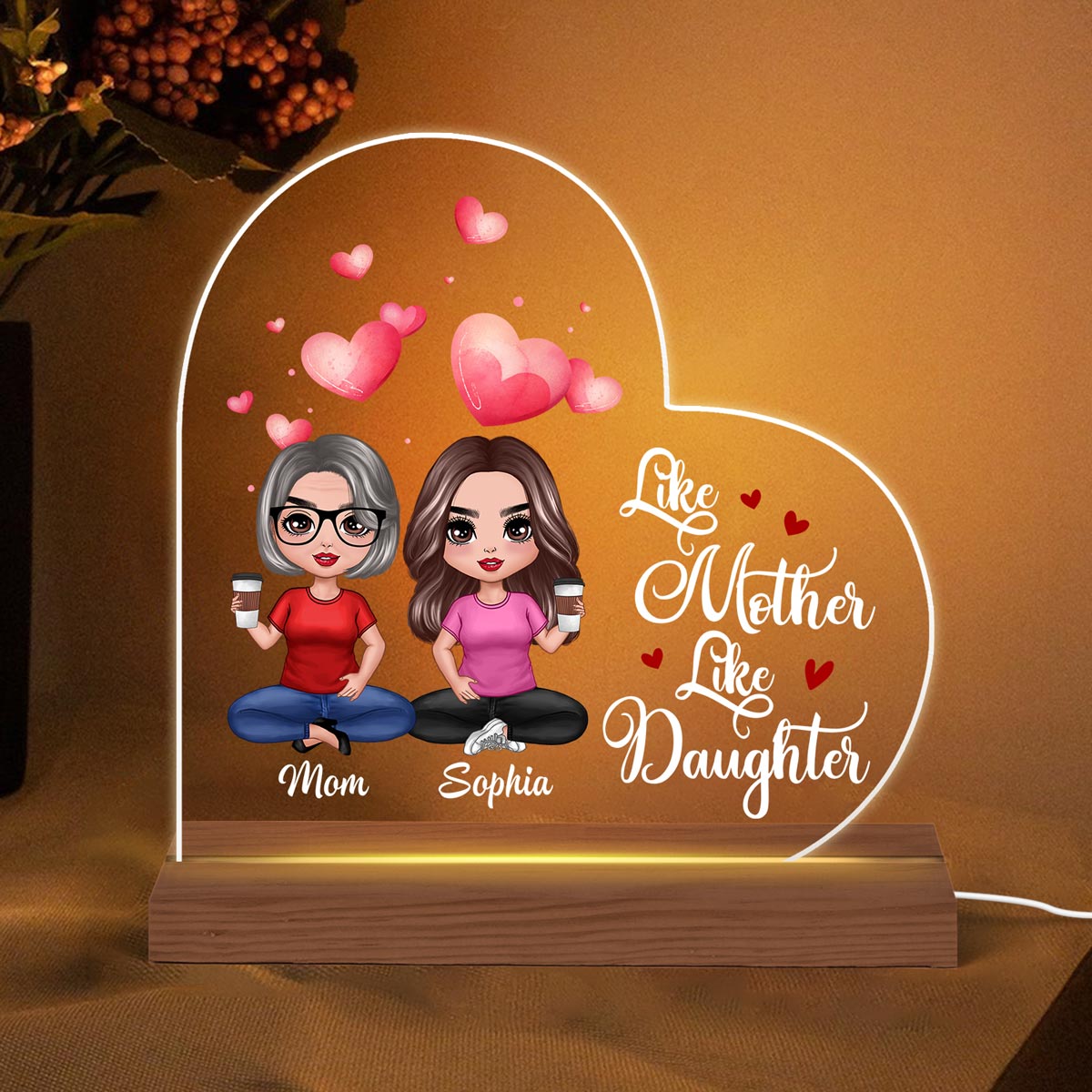 Watercolor Hearts Doll Mom And Daughters Sitting Personalized Custom Shape Acrylic Plaque LED Night Light