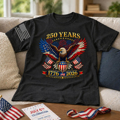 250 Years Eagle American Flag Fireworks Custom Name - Personalized Sleeve Printed Shirt - United States 250th Anniversary USA Patriotic