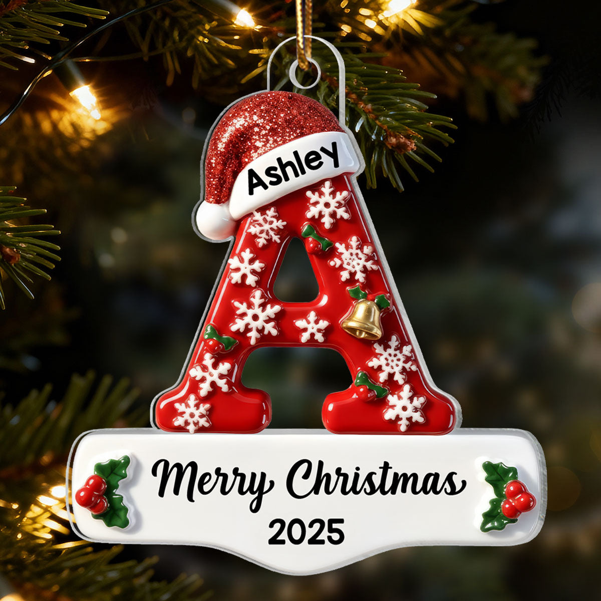 3D Effect Christmas Festive Initial Name - Personalized Acrylic Ornament