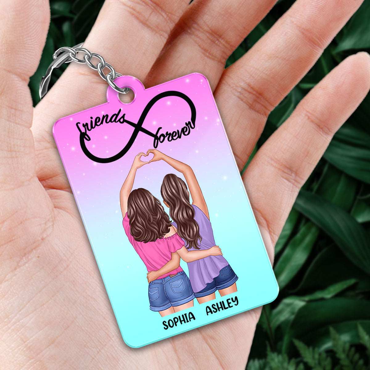 Back View Heart Hands Besties Friends Forever Personalized Acrylic Keychain