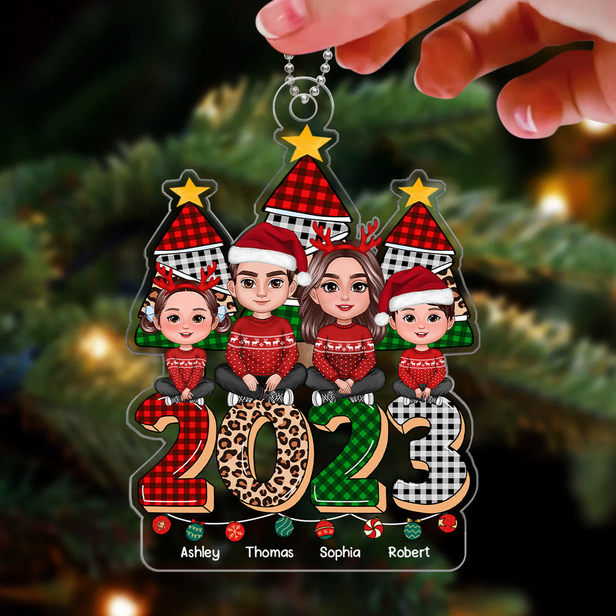 Family Sitting On Checkered Leopard 2023 Christmas Tree Personalized Acrylic Ornament